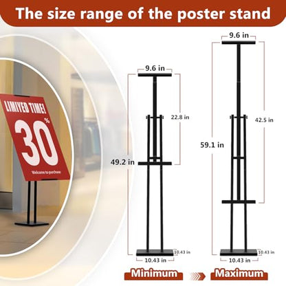 Heavy Duty Sign Stand, Floor Poster Board Stand, Adjustable Metal Sign Holder Height Up to 60 Inches and 180° Rotation Display Standing Pedestal for Board & Foam (Black-2PC)