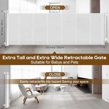 Miumoon 120 inch Reinforced Retractable Baby Gates 34 inch Tall - color: White, size: 34" Tall x 120" Wide