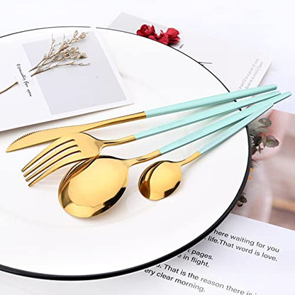 Mirror Cutlery Serving Set, 24-piece 18/0 Stainless Steel Silverware With Mint Green Handle Simple & Modern Tableware For Home Party Dinner, Service For 6 (Mint Green Gold) - color: Mint green gold
