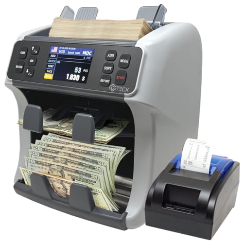 DETECK DT40P Printer & DT800 Bank Grade Mixed Denomination Money Counter with Reject Pocket, Multi Currency, Bill Counter 2CIS/UV/IR/MG/MT Counterfeit Detection, Cash Counter Serial Number