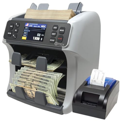 DETECK DT40P Printer & DT800 Bank Grade Mixed Denomination Money Counter with Reject Pocket, Multi Currency, Bill Counter 2CIS/UV/IR/MG/MT Counterfeit Detection, Cash Counter Serial Number