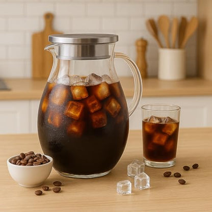 Glass Water Pitcher with Lid, 67oz / 2L Heat-Resistant Jug for Iced Tea, Juice, Coffee, and Daily Use - size: 67.6 Ounces