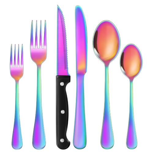 24-Piece Rainbow Silverware Set with Steak Knives Stainless Steel Flatware Set for 4 Food Grade Tableware Cutlery Set Rust-proof, Mirror Polished, Dishwasher Safe - size: 24Pcs-A
