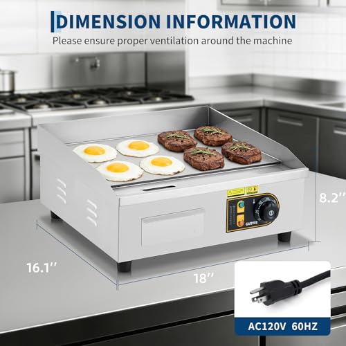 18” Commercial Electric Griddle, 120V 1750W Countertop Griddle, 120-570°F Adjustable Temp, Stainless Steel Electric Flat Top Grill with Removable Drip Tray for Restaurant/Kitchen/Home - size: 18inch