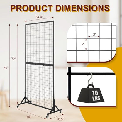 3' x 6' Grid Wall Panels Standing Wire Grid, Sturdy Display Rack with T-Base Wheels Freestanding Gridwall Panel Tower for Shows, Black - size: 1 Pack 3' x 6'
