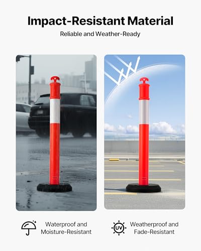 VEVOR 9 Pack Traffic Delineator Posts, 45 inches Traffic Safety Cones with Fillable Base and Reflective Strips, Heavy Duty Delineator Posts for Construction Site, Parking Lot, Crowd Control, Red