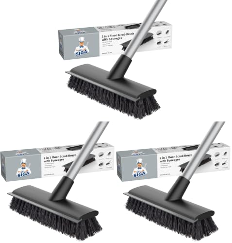 MR.SIGA Floor Scrub Brush with Long Handle, 2 in 1 Scrubber and Squeegee for Cleaning Bathroom, Patio, Garage, Wall, Tile with Stiff Bristles (Pack of 3) - size: 8.7 x 48.4 inch (Pack of 3)