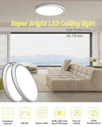 4pack 12 Inch Flush Mount Ceiling Light, 24w Led Ceiling Light, 3000k/4000k/6000k Selectable 2520lm Ceiling Lights, Super Slim Led Light Fixture For Bedroom Kitchen Living Dining Room Office (White) - color: White, size: Standard-12Inch-4Pack