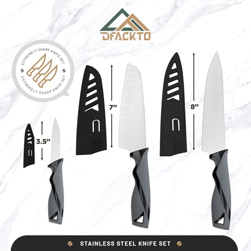 DFACKTO 7-Piece Kitchen Knife Set with Vegetable Peeler without Block – Stainless Steel Knives for Kitchen, Dishwasher Safe Cooking Knife Set with Covers, Sharp Cutting Knives for Cooking – Black Gray - color: Gray
