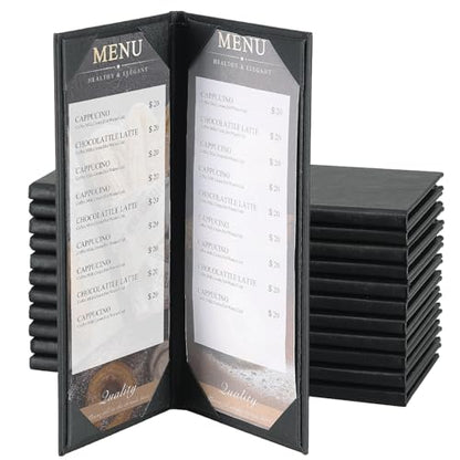12 Pack 2 View Menu Holder Menu Covers 4.25" x 11" | Black Leather Menu Sleeves Book Style for Restaurant Coffee Bars Wine List - size: 2 View