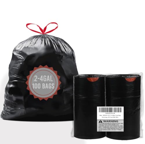 BEIDOU-PAC 2-4 Gallon Trash Bags Drawstring, 100 Count Bulk, Black & Unscented Small Multi-purpose Garbage Bags for Business Home Bathroom Kitchen Commercial and Industrial - style: 2-4 Gallon |100 Count
