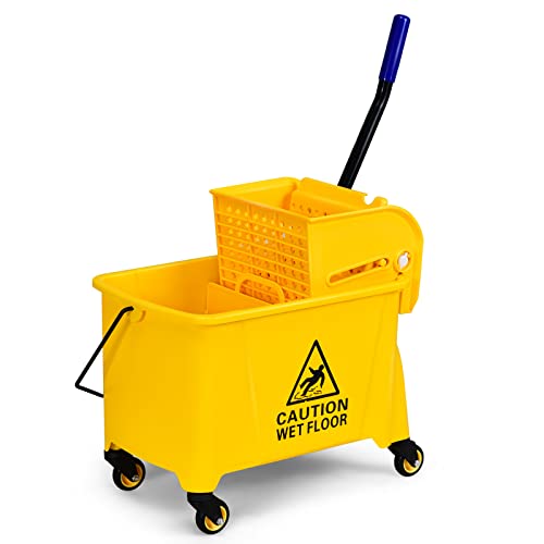 ARLIME Commercial Mop Bucket with Wringer, 21 Quart Capacity Portable Wringer Trolley, Side Press Floor Cleaning Wavebrake w/Handle, Small Mop Bucket on Wheels for Home, Industrial, Yellow