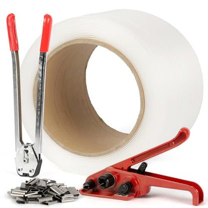U.S. Solid Heavy Duty Packing Strapping Tensioner Kit 150 Metal Seals, 0.47" x 0.03" x 2460ft Polypropylene Strapping, Pallet Tensioner Sealing Tool - color: white
