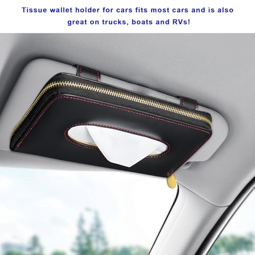 Car Tissue Holder, PU Leather Auto Sun Visor Tissue Case Napkin Holder with Zipper, Rectangular Mask Dispenser Hanging Paper Towel Organizer for Cars SUVs Trucks RVs (Black) - color: Black
