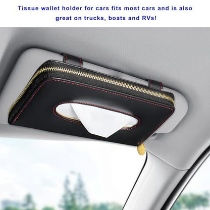 Car Tissue Holder, PU Leather Auto Sun Visor Tissue Case Napkin Holder with Zipper, Rectangular Mask Dispenser Hanging Paper Towel Organizer for Cars SUVs Trucks RVs (Black) - color: Black