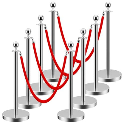 LOVMOR Crowd Control Stanchion, Set with 5 ft/1.5 m Red Velvet Rope, Set of 8 Pieces, Stanchion Rope Divider, Silver Gold Queue Barrier Line Divider with Fillable Plastic Base, Airport - color: Silver-8pack