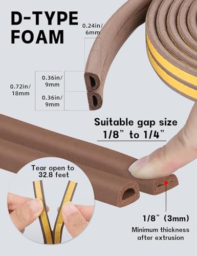 CHENYA Weather Stripping Door Seal Strip,32.8 FT D Shaped Weatherstripping - color: Brown, size: S (3/8"W × 1/4“T)