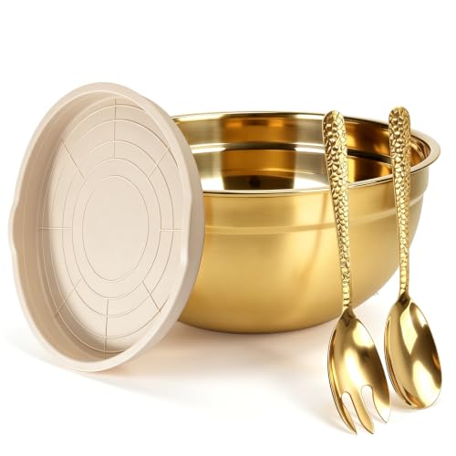 Large Stainless Steel Salad Bowl 7 QT, Elegant Gold Finish Metal Bowl - color: Gold
