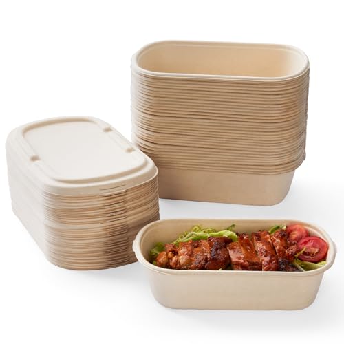 [100% Eco-Friendly] Disposable Food Containers with Lids – Sugarcane Pulp Take Out Boxes, Biodegradable, Compostable, Microwave Safe Lunch Containers – Pack of 50 (24 OZ) - size: 24 OZ