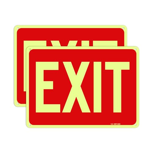 T&R Exit Sign - 2 Pack - 10 x 7 Inches Rust Free .040 Aluminum Glow-In-The-Dark - UV Protected, Waterproof, Weatherproof and Fade Resistant - 4 Pre-drilled Holes - color: Red - 10" x 7" - 2 pack - Glow-In-The-Dark