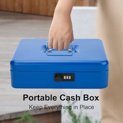 Jssmst Metal Cash Box with Money Tray and Lock, Portable Cash Drawer, 11.8" - color: Blue Code-A