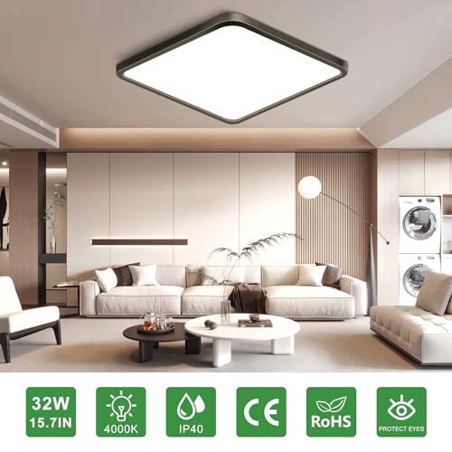 15.7Inch 32W Square LED Ceiling Light Fixtures Flush Mount, 4000K Natural White LED Ceiling Lamp, Surface Mount Modern Ceiling Lights, Black Slim Flat Panel Lighting for Bedroom, Kitchen, Bathroom - color: Natural White, size: 15.7 inch Black
