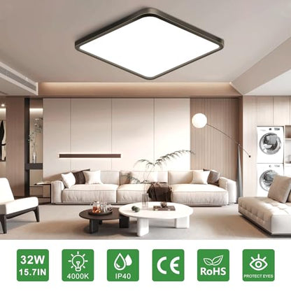 15.7Inch 32W Square LED Ceiling Light Fixtures Flush Mount, 4000K Natural White LED Ceiling Lamp, Surface Mount Modern Ceiling Lights, Black Slim Flat Panel Lighting for Bedroom, Kitchen, Bathroom - color: Natural White, size: 15.7 inch Black