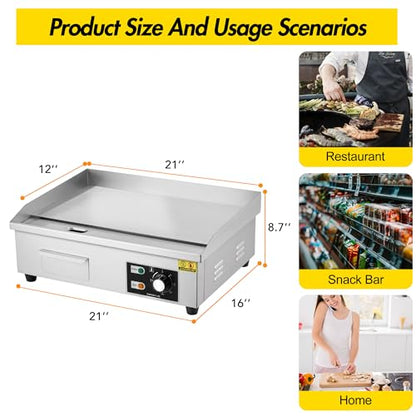 21 Inch 1600W Commercial Electric Griddle – Stainless Steel Countertop Flat Top Teppanyaki Grill, 2 Shovels & 2 Brushes for Home Kitchen & Restaurants - size: 12x21
