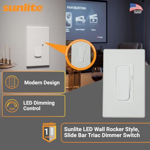 Sunlite LED Wall Rocker Style, Slide Bar Triac Dimmer Switch, Screwless Wall Plates Included, Single Pole or 3-Way Switching, 120 Volts, 200W Max for LED, 600W Max for Incandescent, White, 4 Pack - color: 4 Pack