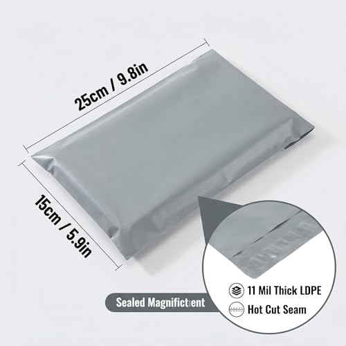 100 Pcs Grey 5.9×9.8 Inch Thick Poly Mailers, 11 Mil Heavy Duty Self-Adhesive Waterproof Tear-Proof Shipping Bags For Clothing Parcel Delivery