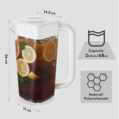 CURTA 1 Pack 2 Liters/68 oz Plastic Pitcher with Lid & Handle for Kitchen,ICED JUICE and Coffee Carafe Beverage Serveware, Acrylic Water Jug for Hot/Cold Drinks&lemonade - color: White
