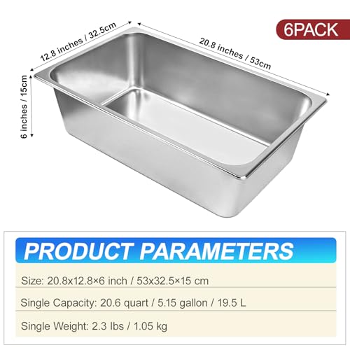 6 Pack Full Size Steam Table Pans,Stainless Steel Hotel Pan,1/1 6 Inch Deep Anti Jam Commercial Table Pan,20.8" L x 13" W Catering Pans Food Pans for Hotels, Restaurants and Home Use - size: 1/1 Size 6inch