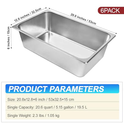 6 Pack Full Size Steam Table Pans,Stainless Steel Hotel Pan,1/1 6 Inch Deep Anti Jam Commercial Table Pan,20.8" L x 13" W Catering Pans Food Pans for Hotels, Restaurants and Home Use - size: 1/1 Size 6inch
