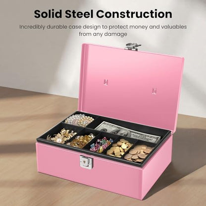 Flexzion Cash Box with Money Tray and Lock - Metal Money Box for Cash Storage with Secure Latch Lock & Key - Pink Petty Cash Box with 7 Compartment Money Tray for Small Businesses, 11x7.7x3.5 Inches - color: Pink