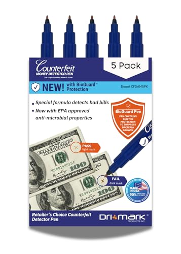 Dri Mark 5 Pack Counterfeit Bill Detector Marker Pen with Bioguard, Made in The USA, Pocket Size, Fake Money Checker - Money Loss Prevention Tester & Fraud Protection for U.S. Currency - style: 5 Pack Bioguard