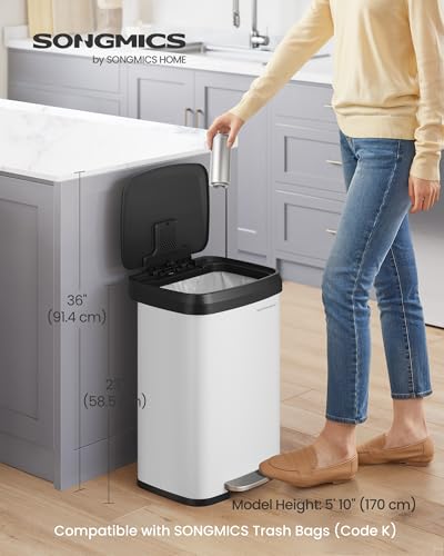 SONGMICS Kitchen Trash Can, 13-Gallon (50 L) Stainless Steel, Soft Closure - color: White + Black, style: 13 Gallons