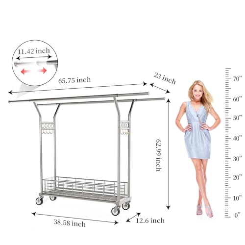 Heavy Duty Clothes Rack Load 670LBS, Double Rods Rolling Clothing Racks for Hanging Clothes, Rolling Garment Rack With Sturdy Wheels Shelves, Portable & Adjustable Commercial Garment Rack, Silver - color: Silver, size: 23.0" x 65.75" x 63.0"(2 Rods)