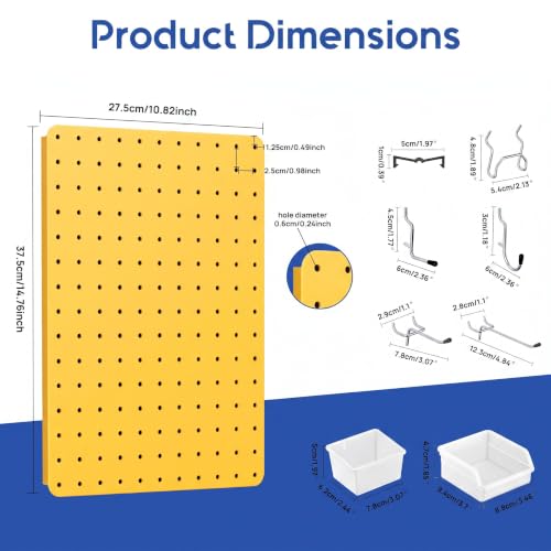 Pegboard Organizer Kit,4 Pack 14.76x10.82 in Metal Panels with 6 Bin,Yellow