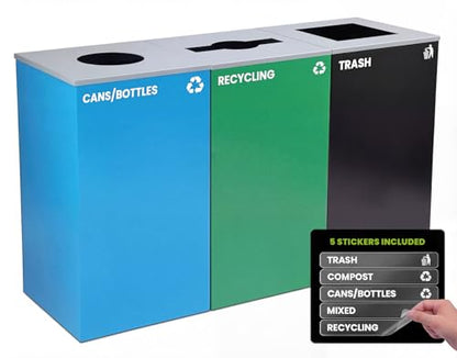 Alpine Indoor Recycling Bin -Commercial Trash Can Recycling Station Combo, Customizable 3 Compartment Metal, Large, Black, Blue, Green Recycle Trash Cans with Lids & Stickers for Office, Mall, Airport