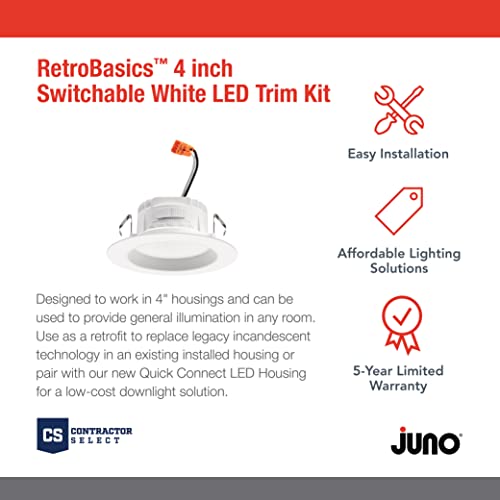 Juno 4 Inch LED Recessed Lighting, RetroBasics Series LED Downlight Trim Kit, Regressed 4" Ceiling Light with 5-in-1 Switchable White Color, 625 Lumens, Baffle Trim, Matte White - color: Switchable White, size: 4-Inch, style: Standard | Non-Adjustable | S