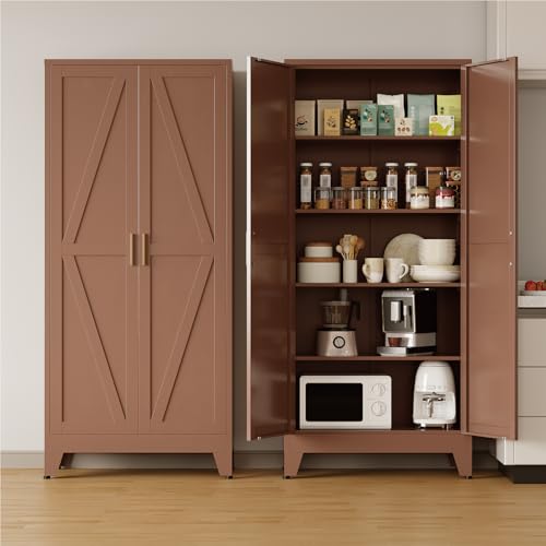 COFaR Metal Pantry Cabinet with Doors, Farmhouse 71'' Tall Storage Cabinet with 4 Adjustable Shelves, Kitchen Pantry Cabinet for Dinning Room, Garage, Laundry, Walnut Brown 5-Tier - color: Walnut Brown, size: 15.75''D × 31.5''W × 70.87''H-L01