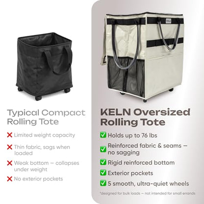 KELN Rolling Tote Bag on Wheels – 76 lb Foldable Shopping Cart – White - color: White