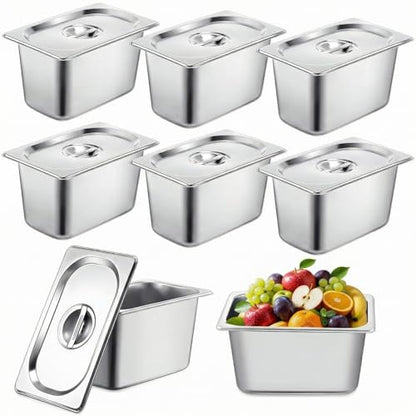 8 Pack Stainless Steam Hotel Pan 6 Deep Steam Table Pan with Lid 0.8 mm Thick Stainless Steel Restaurant Anti Clogging Steamer for Party, Restaurant, Hotel(1/4 Size) - size: 1/4 Size