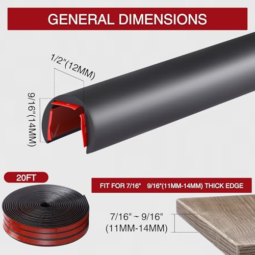 1/2 Inch Rubber Edge Trim 20ft Self-Adhesive U Channel Edge Strip - size: 20ft，1/2 Inch