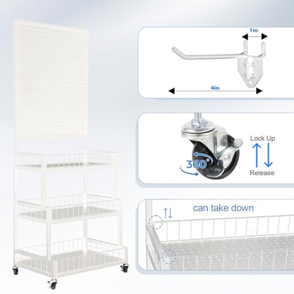 NectaCol Pegboard Panels, 3-Tiers Metal Pegboard Display Stand with Peg Board Panel, Standing Pegboard Display Rack, Craft Show Display, Art Display and Retail Display Stand with 10 Hooks - White - color: White