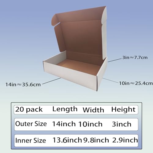 14x10x3 inch Shipping Boxes Set of 20, White Corrugated Cardboard Mailers - size: 14x10x3 -20 Pack