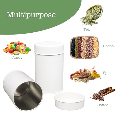 Tea Tin Canister, 6 Pack Round Metal Tea & Coffee Storage Tins with Double Seal Lid, 16 oz Loose Leaf Tea Container, Kitchen Canisters for Sugar, Herbs, Spices, Airtight, 4.7"x3" (White)
