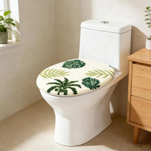 Green turtle leaf bathroom toilet cover, Boho leaf toilet lid, machine washable, suitable for most round, oval and long toilet seats (green) - color: Green