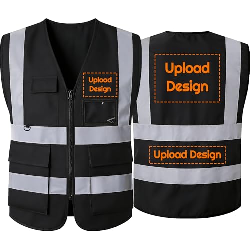 BeautyWill Custom LOGO Safety Vests Reflective Vest Class 2 ANSI with Pockets Zipper High Visibility Construction Uniform - color: A-black-1pack-logo, size: Small