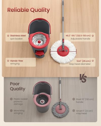 SONGMICS Spin Mop and Bucket Set with Pedal Wringer, 4 Microfiber Pads - color: Gray + Red, size: 4 Pads
